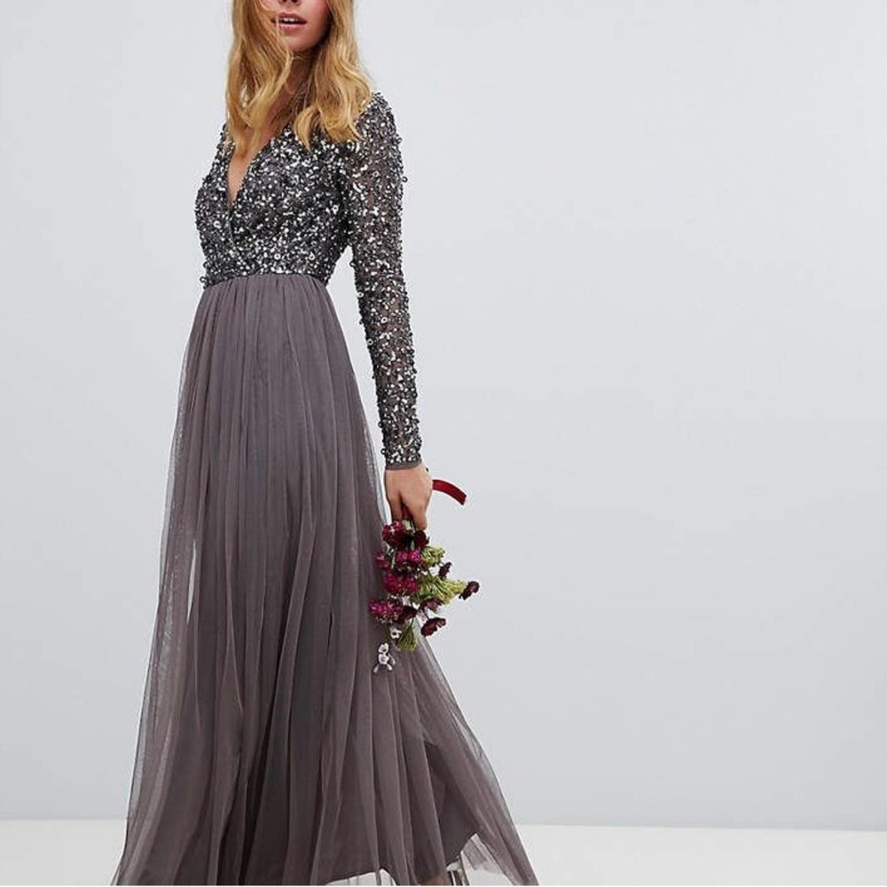 Maya long sleeve front wrap long dress with sequence and tulle skirt